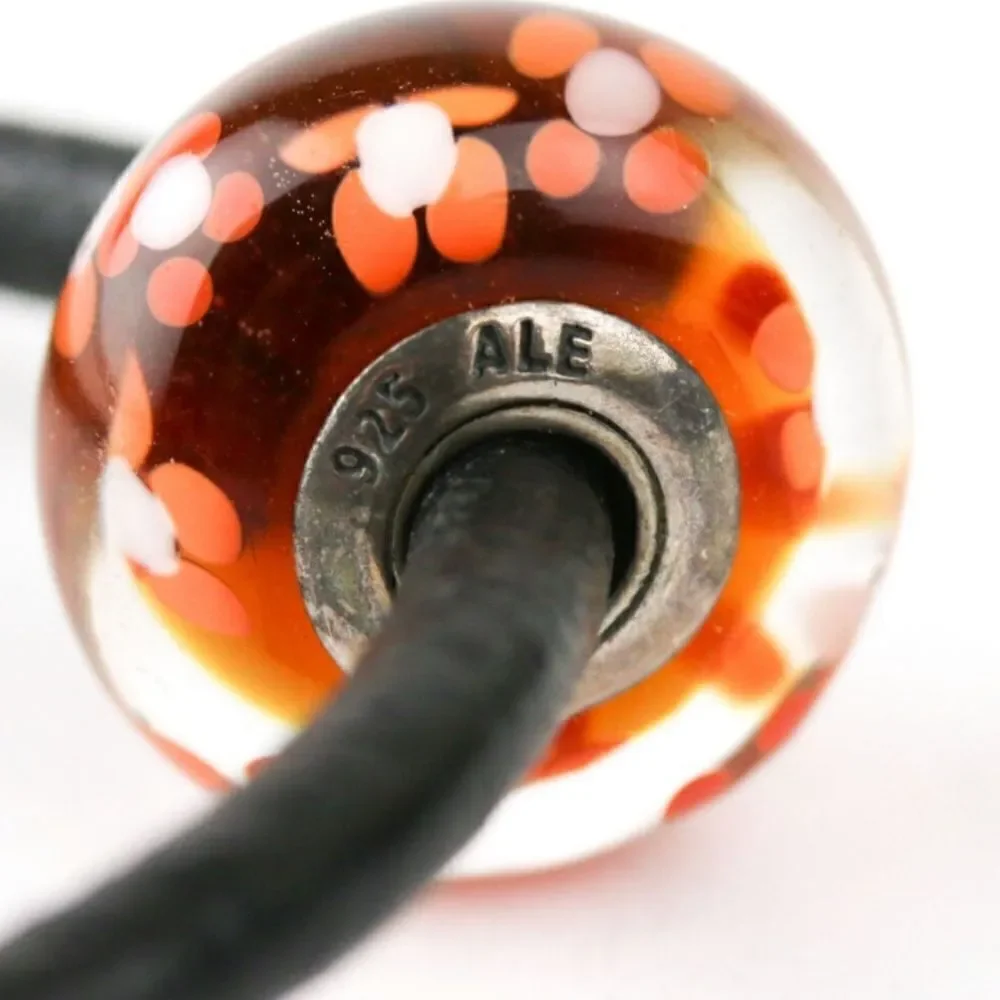 Pandora Orange Blossoms Glass Bead Leather Cord Bracelet!